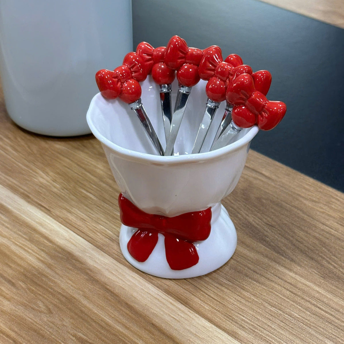 Red Bow Dessert Fork Set 6 Pieces with Decorative Holder