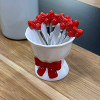 Red Bow Dessert Fork Set 6 Pieces with Decorative Holder