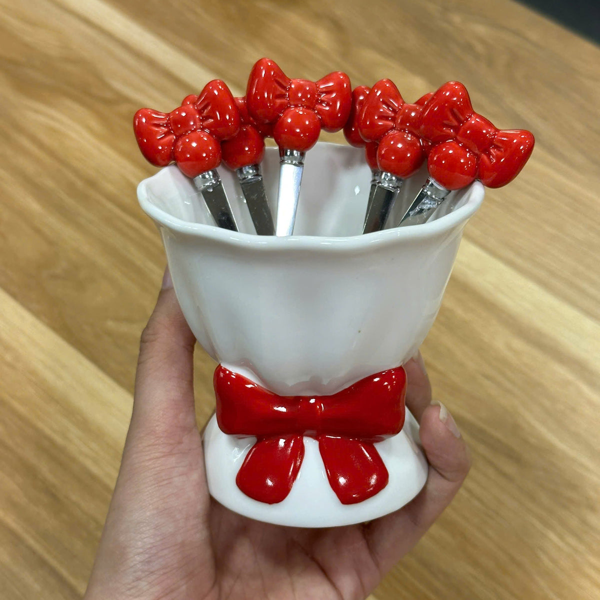 Red Bow Dessert Fork Set 6 Pieces with Decorative Holder