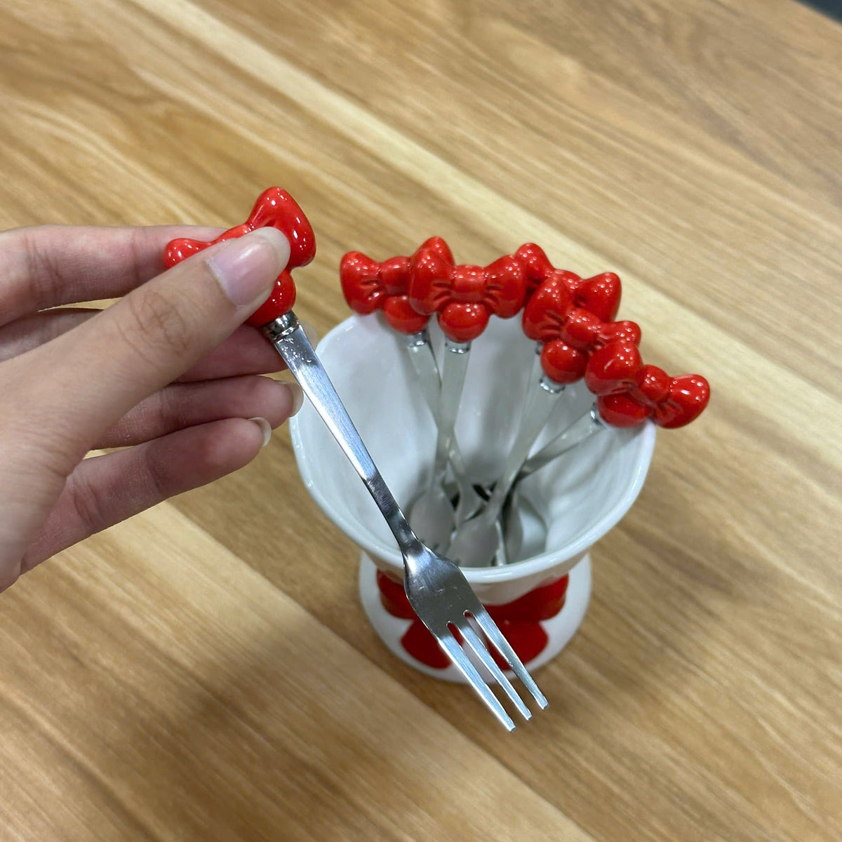 Red Bow Dessert Fork Set 6 Pieces with Decorative Holder
