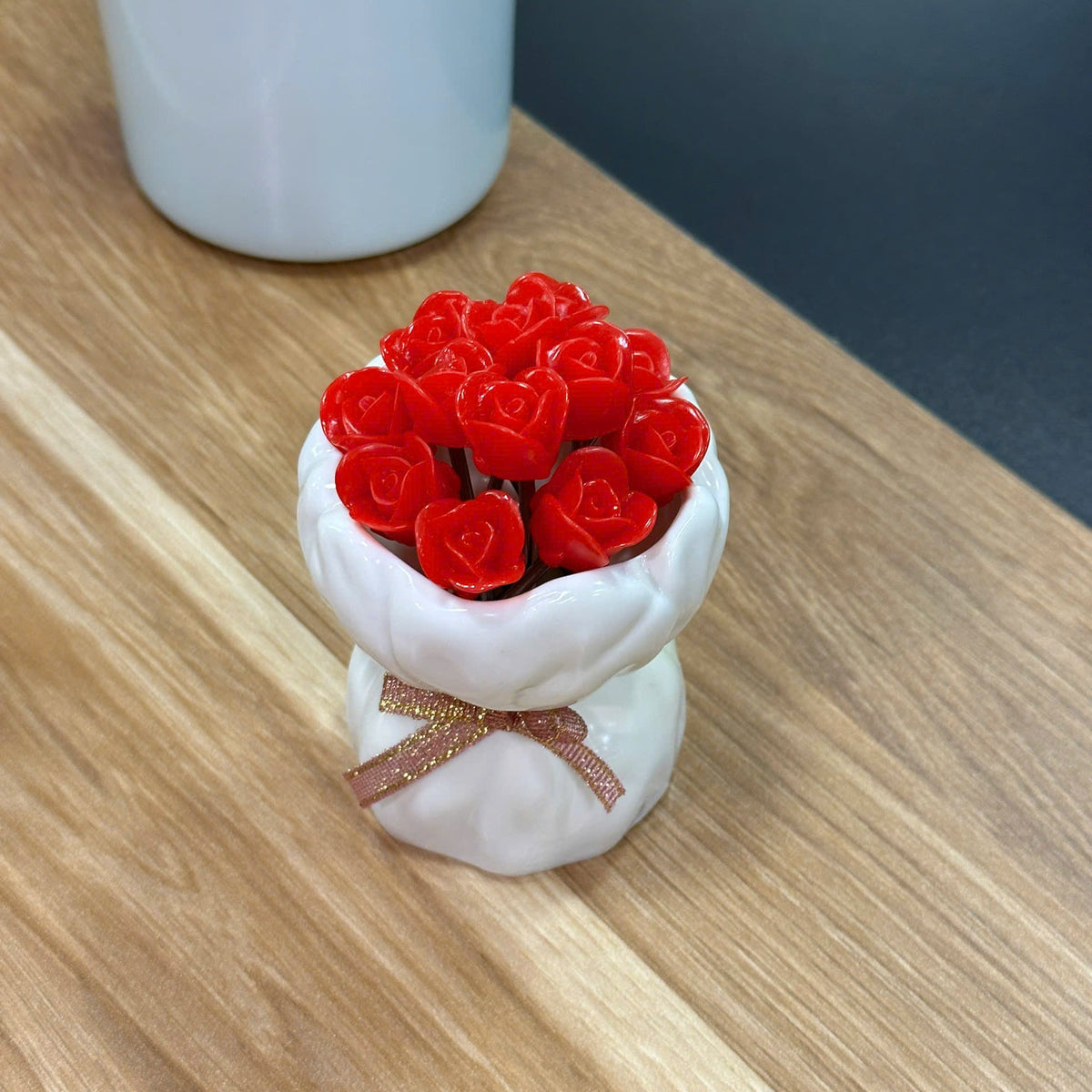 Rose Bouquet Fruit Fork Set 12 Pieces with Decorative Holder