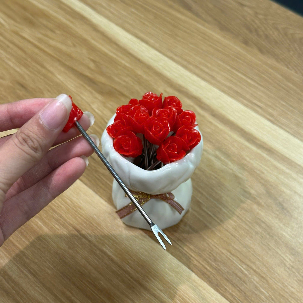 Rose Bouquet Fruit Fork Set 12 Pieces with Decorative Holder