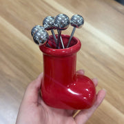 Stainless Steel Cocktail Fork Set 6 Pieces with Red Boot Holder
