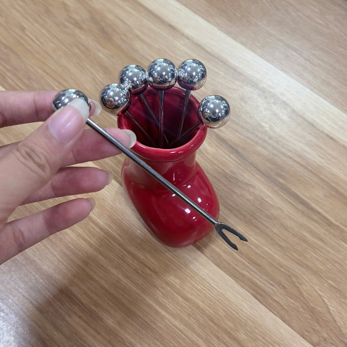 Stainless Steel Cocktail Fork Set 6 Pieces with Red Boot Holder