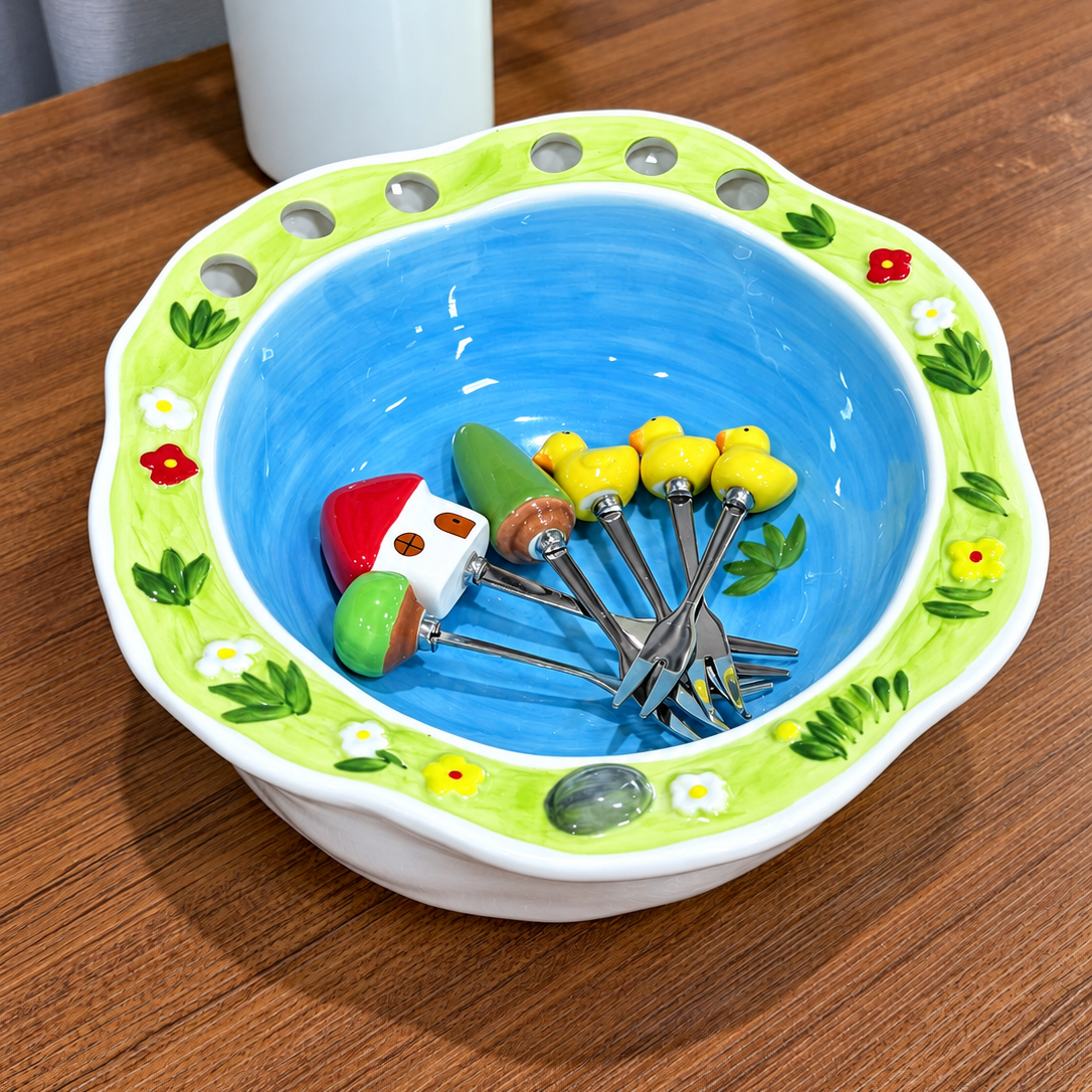 Ceramic Fruit & Dessert Serving Bowl with 6 Mini Forks