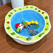 Ceramic Fruit & Dessert Serving Bowl with 6 Mini Forks