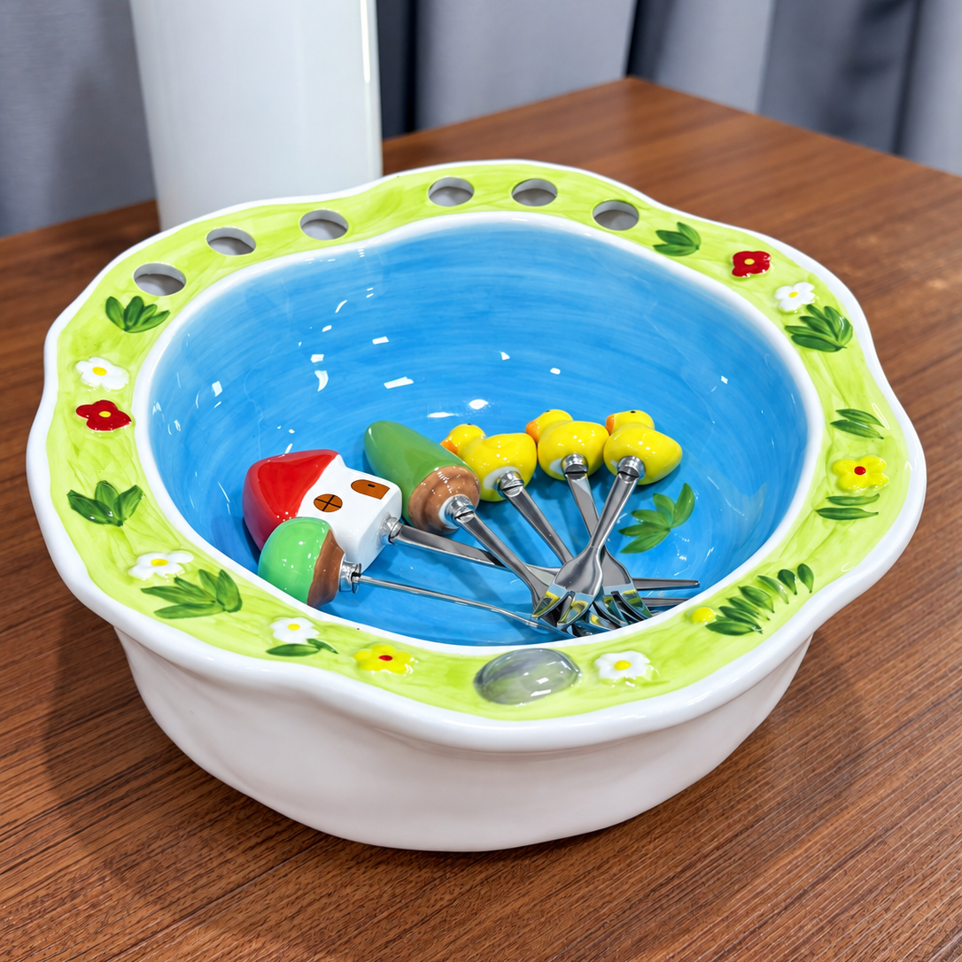 Ceramic Fruit & Dessert Serving Bowl with 6 Mini Forks
