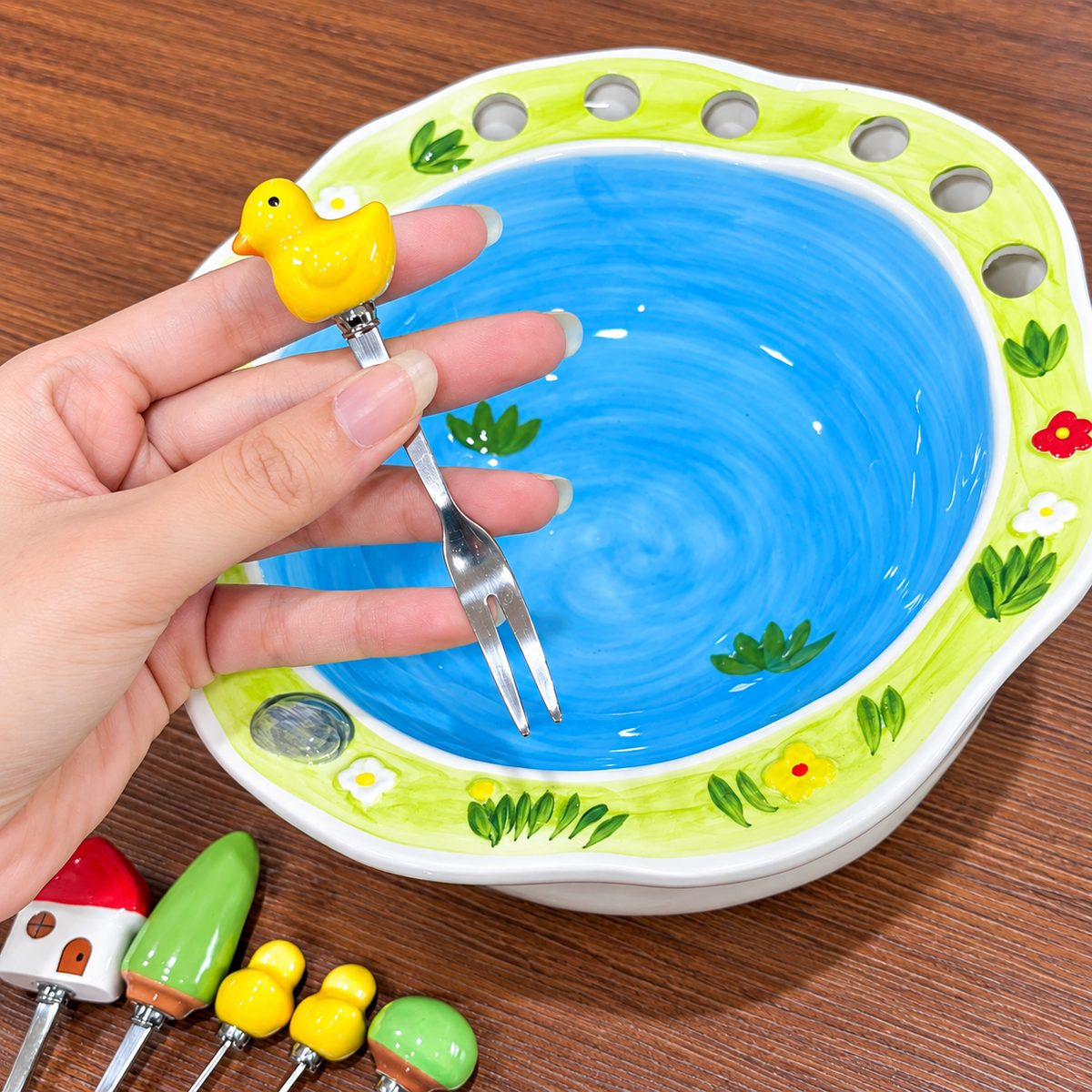 Ceramic Fruit & Dessert Serving Bowl with 6 Mini Forks
