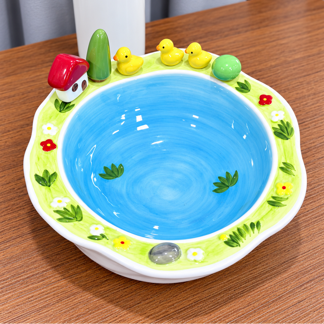 Ceramic Fruit & Dessert Serving Bowl with 6 Mini Forks