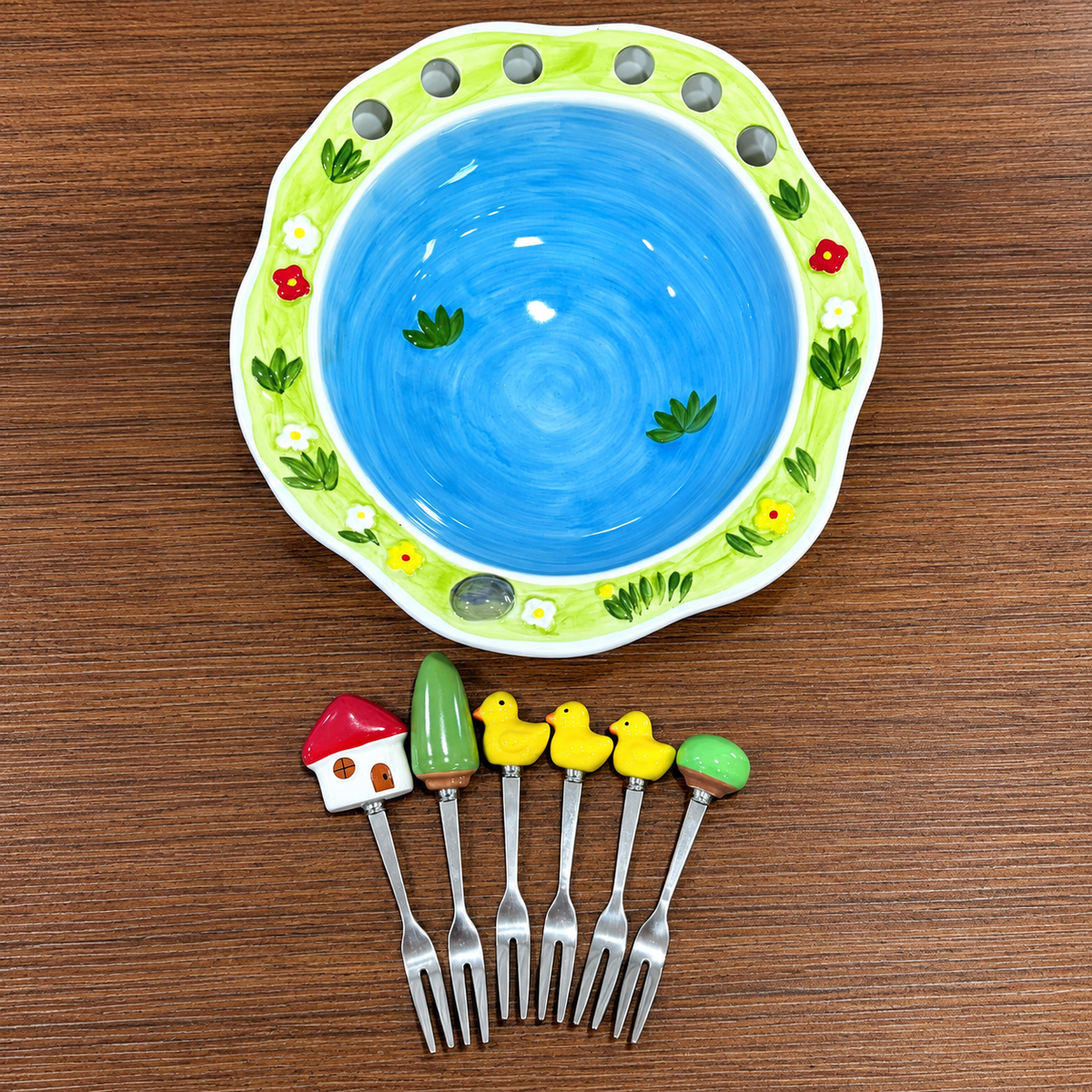 Ceramic Fruit & Dessert Serving Bowl with 6 Mini Forks