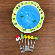 Ceramic Fruit & Dessert Serving Bowl with 6 Mini Forks