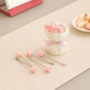Rose Bouquet Fruit Fork Set 12 Pieces with Decorative Holder